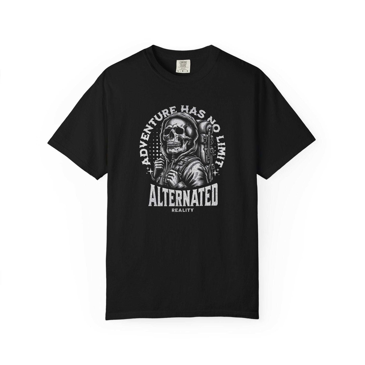 Adventurer Skeleton t-shirt featuring a backpack-wearing skeleton design for explorers and alternative style fans