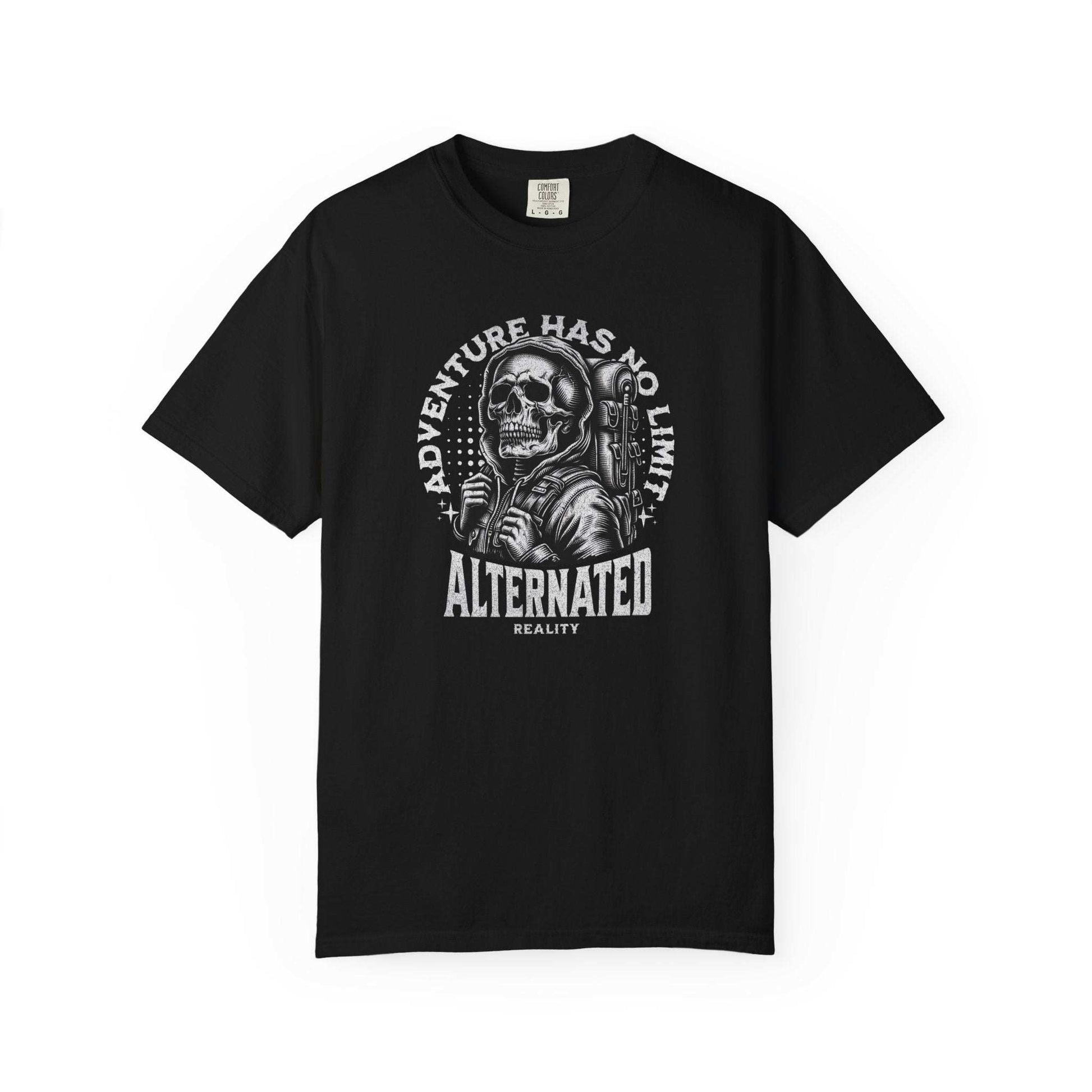 Adventurer Skeleton t-shirt featuring a backpack-wearing skeleton design for explorers and alternative style fans