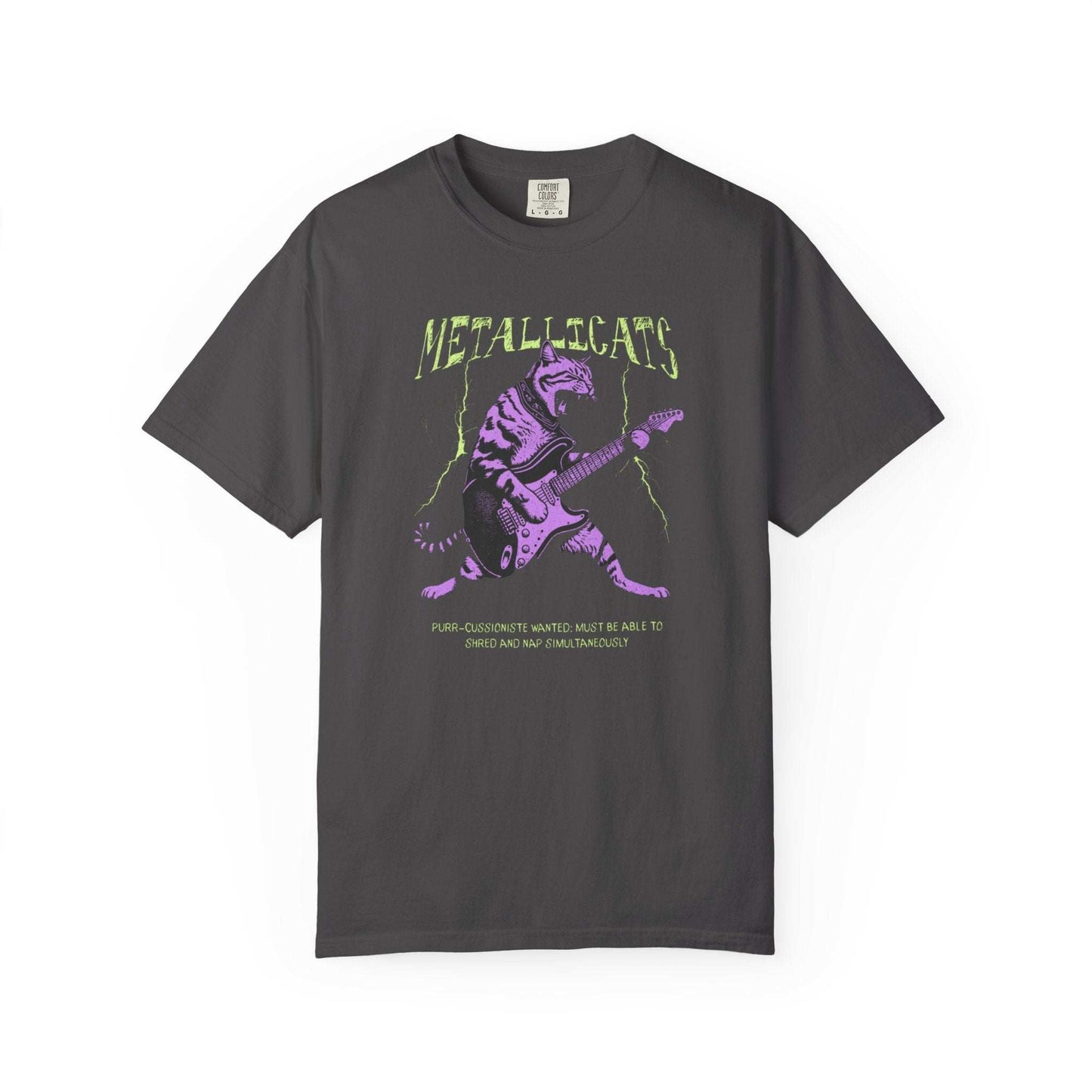 Purple Metallicats t-shirt featuring a vintage style cat playing guitar on dark blue background
