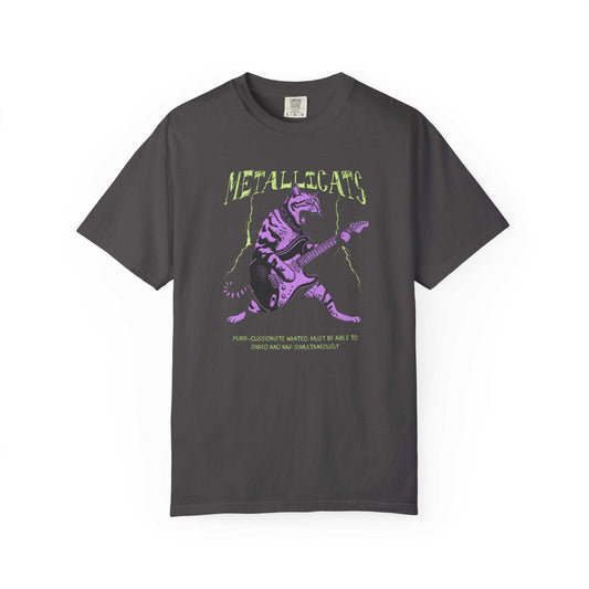 Purple Metallicats t-shirt featuring a vintage style cat playing guitar on dark blue background