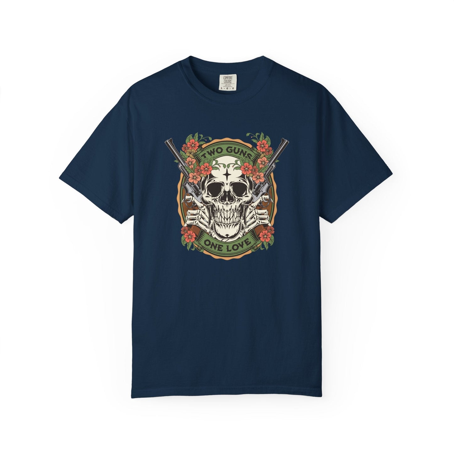 Two guns one love graphic tee with bold gun and love design for firearm enthusiasts