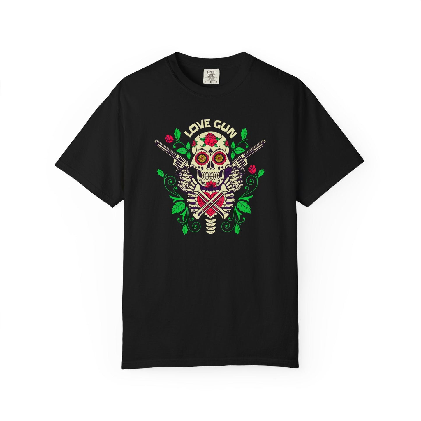 Black Love Gun t-shirt with sugar skull, glowing eyes, floral accents, and crossed pistols graphic design
