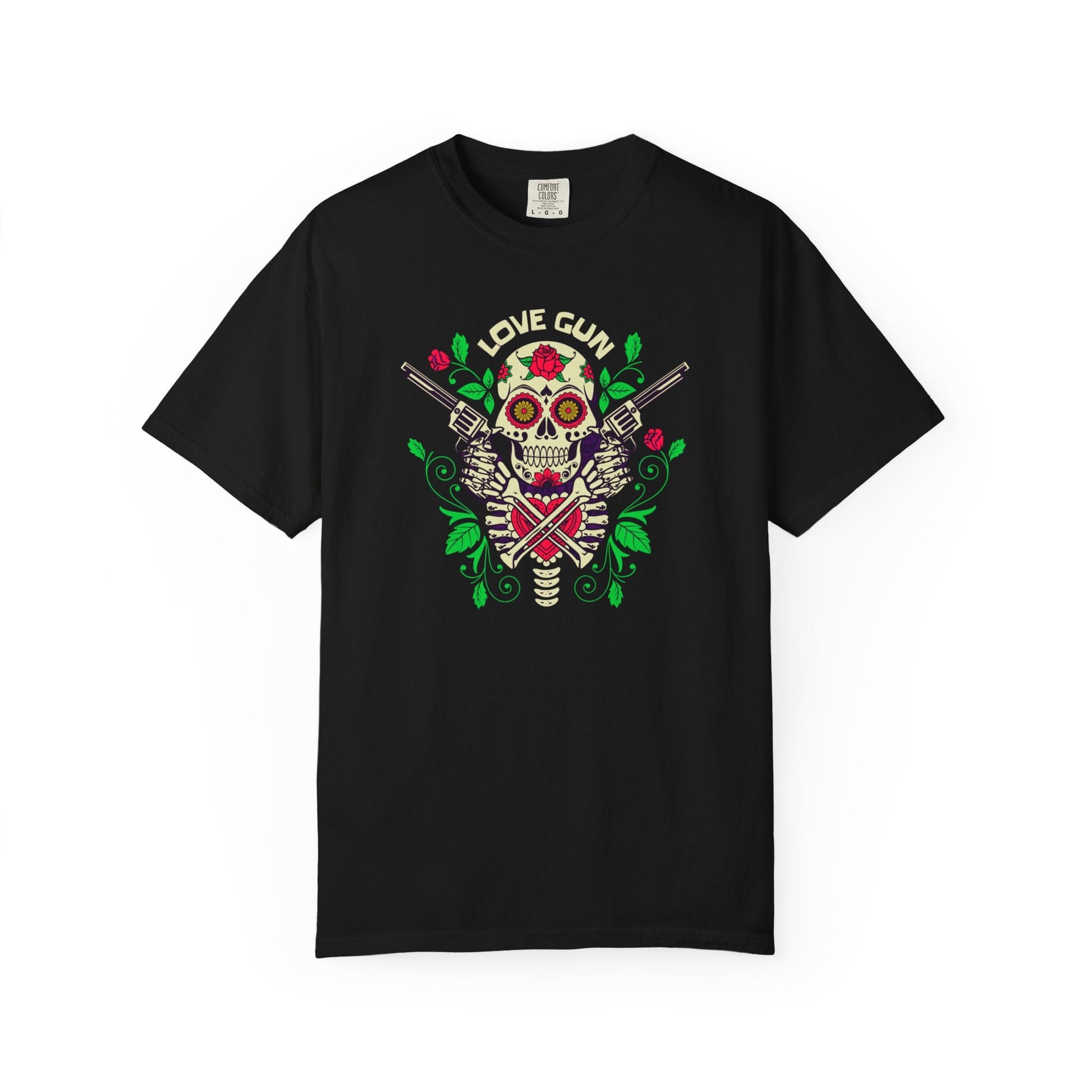 Black Love Gun t-shirt with sugar skull, glowing eyes, floral accents, and crossed pistols graphic design