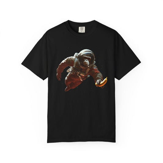 Cosmic banana illustration on galaxy-inspired fruit graphic tee from A banana space collection