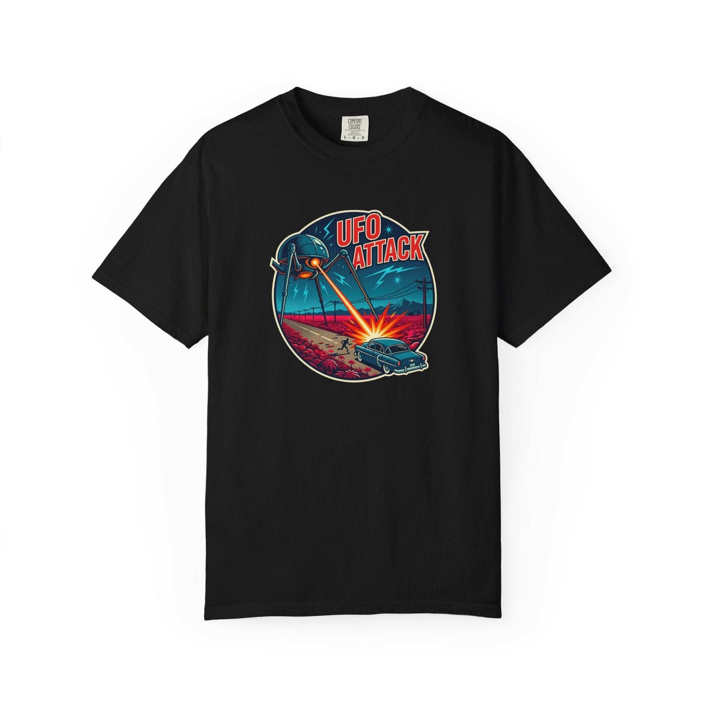 UFO attack themed t-shirt with flying saucer and alien invasion design