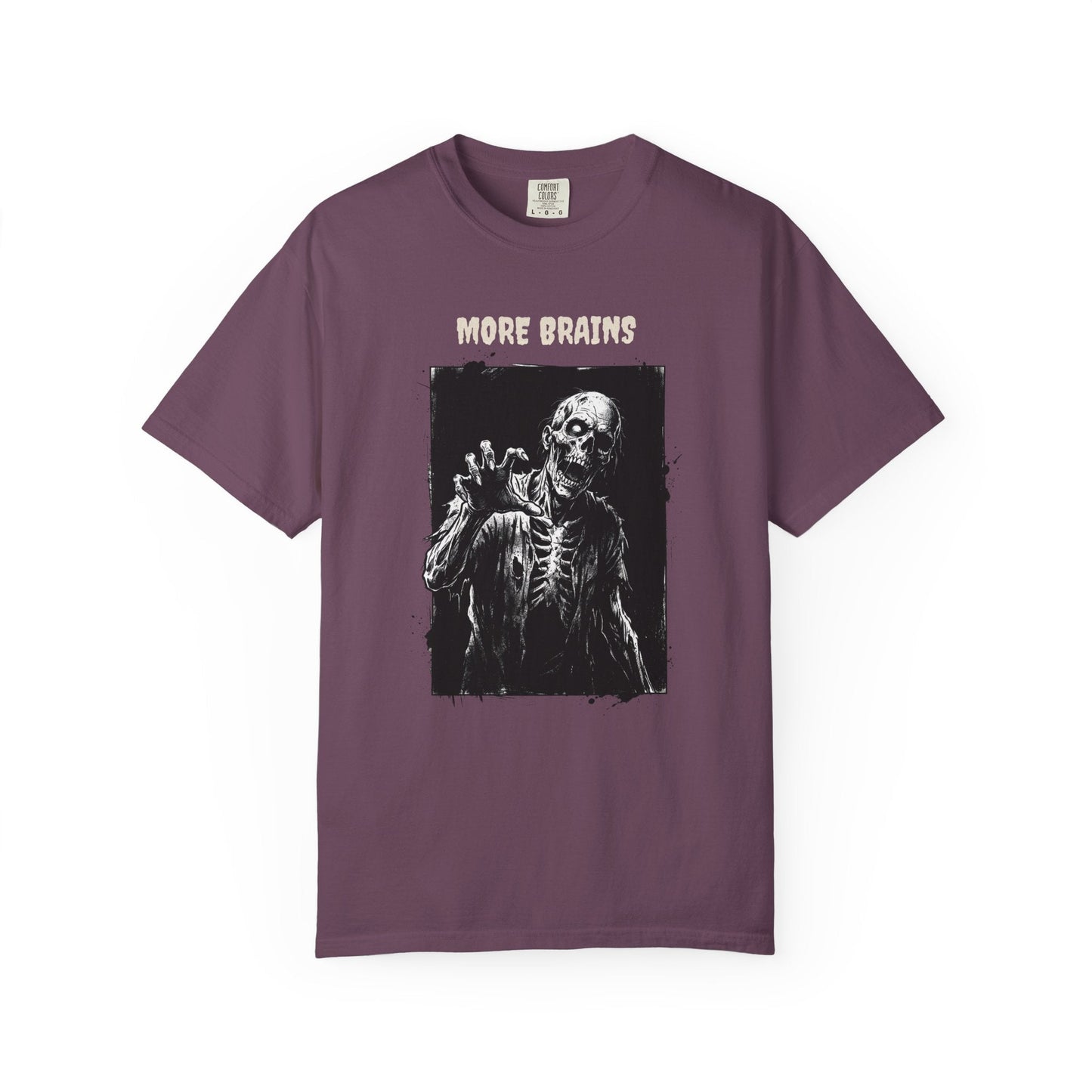 Zombie-themed t-shirt with bold brain design and "More brains" mantra in gothic horror style