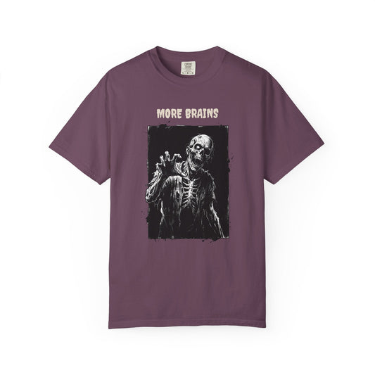 Zombie-themed t-shirt with bold brain design and "More brains" mantra in gothic horror style