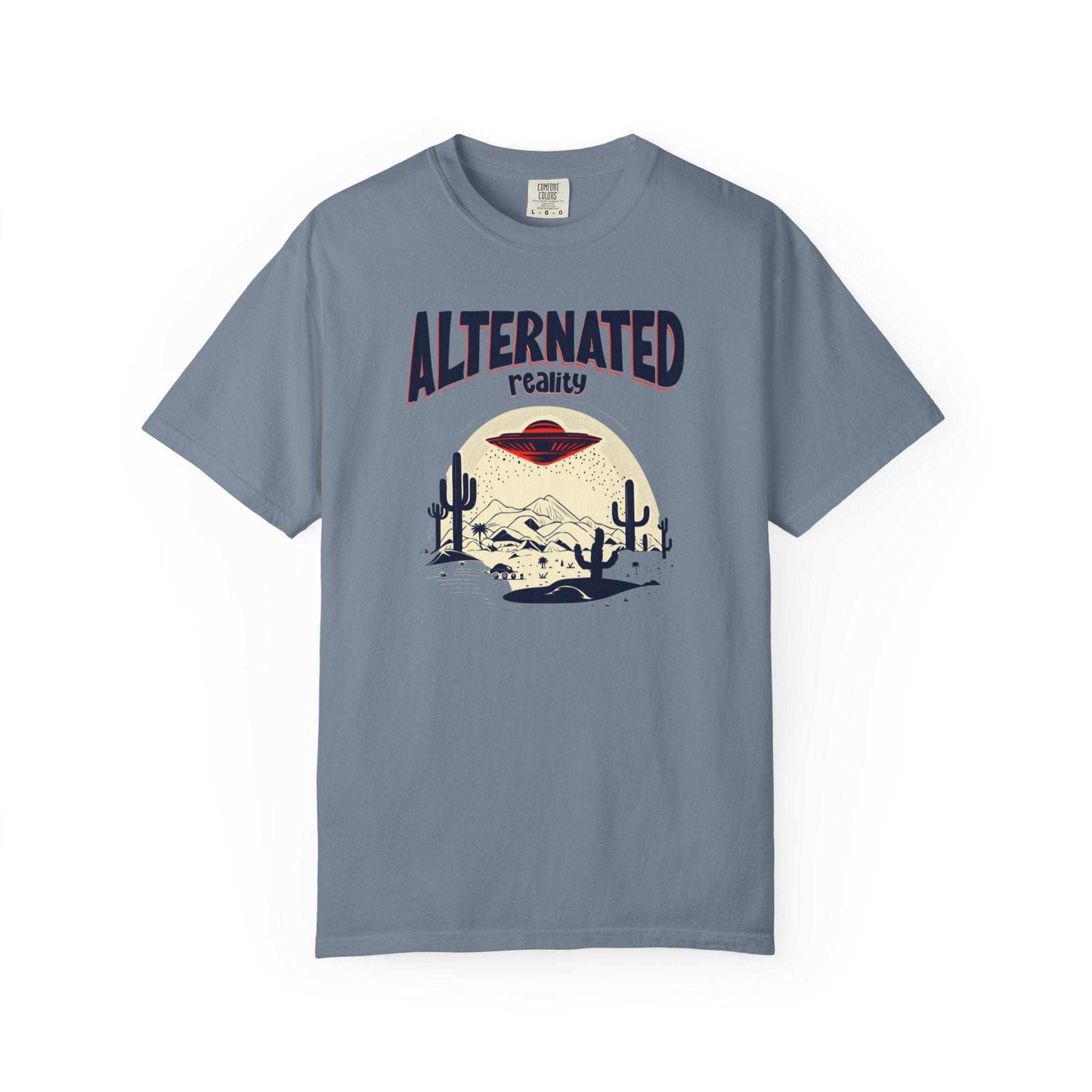 Retro UFO encounter t-shirt with flying saucer graphic over mountains, made from soft US cotton