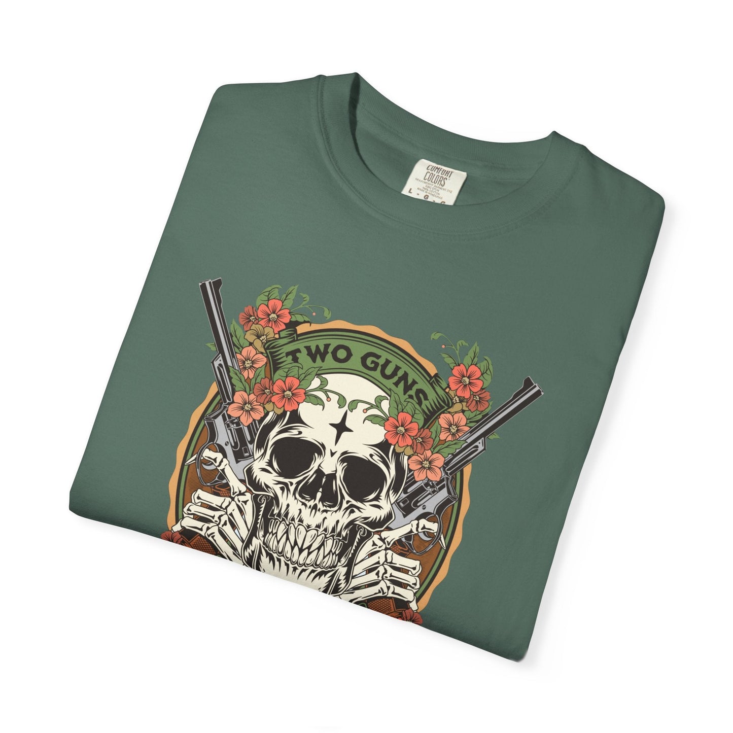 Two Guns One Love T-Shirt  showing Guns & Flowers