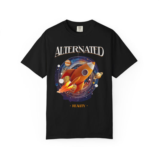 Unisex garment-dyed t-shirt with orange rocket graphic and space scene on black fabric