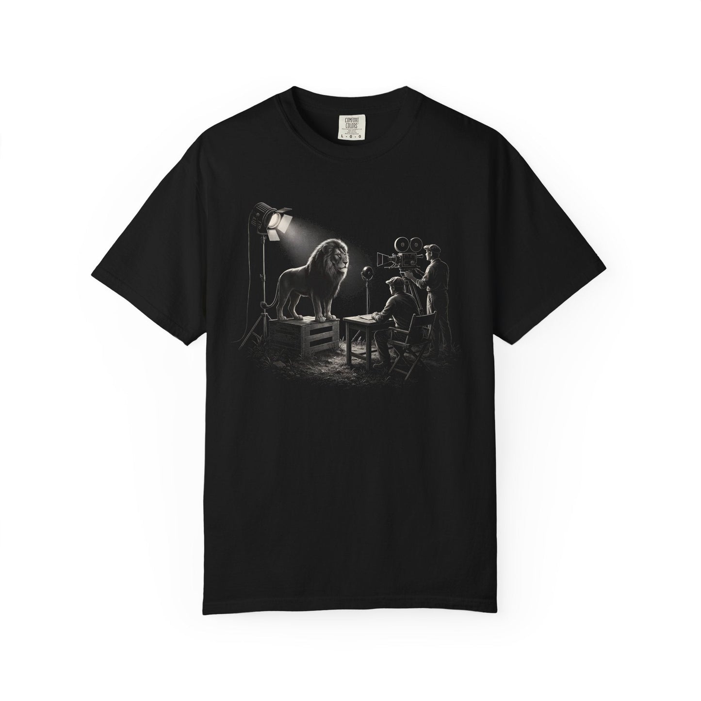 A lion roaring graphic on a soft cotton tee showcasing bold design for movie fans.