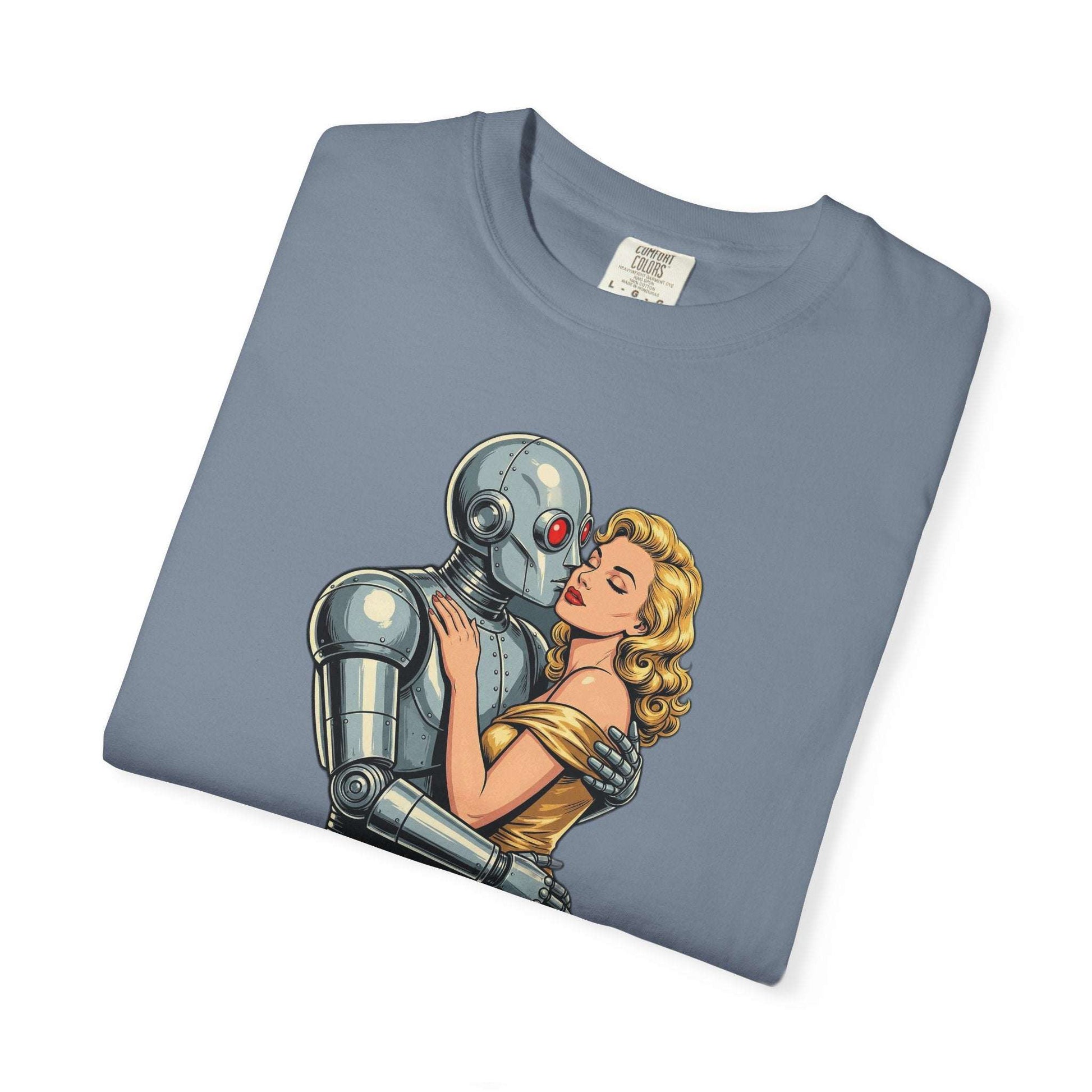 Chrome Romance Robot Kissing Woman T-Shir