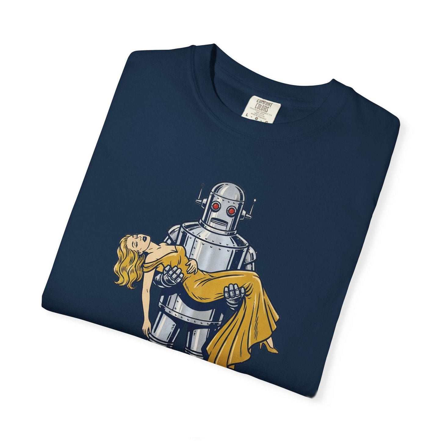 Chrome and Satin  – Futuristic Robot Embracing Beauty Sci-Fi Tee
