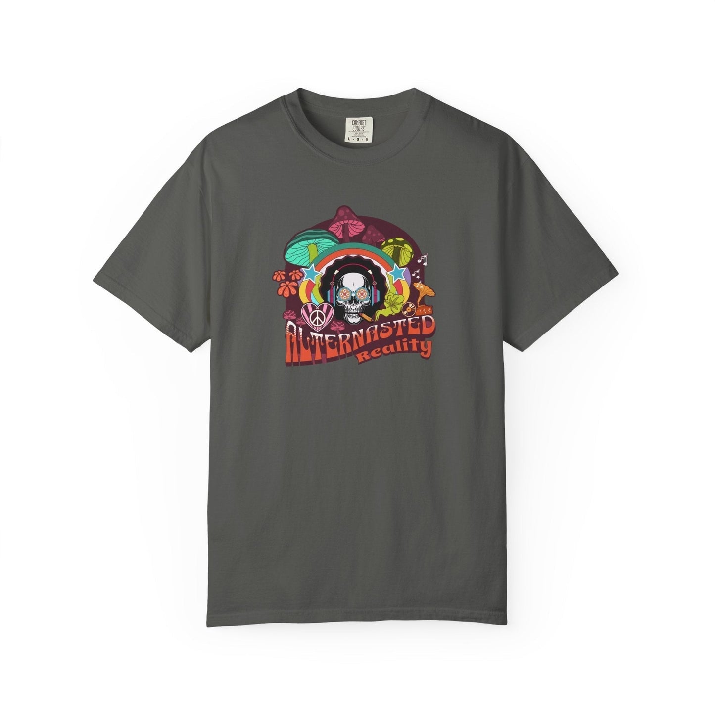 Alien skull graphic tee with space theme, vibrant psychedelic design party skull shirt