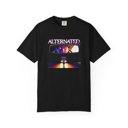 Rearview mirror graphic t-shirt with retro anime design