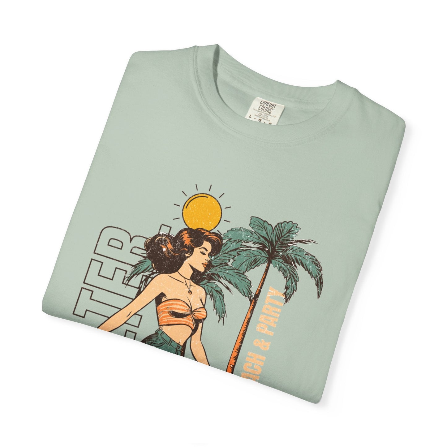 Vintage beach scene unisex t-shirt with woman graphic and palm trees