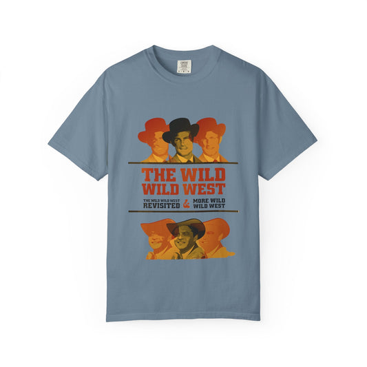 Unisex garment-dyed t-shirt with retro 70s wild west design featuring cowboys and text on soft blue fabric