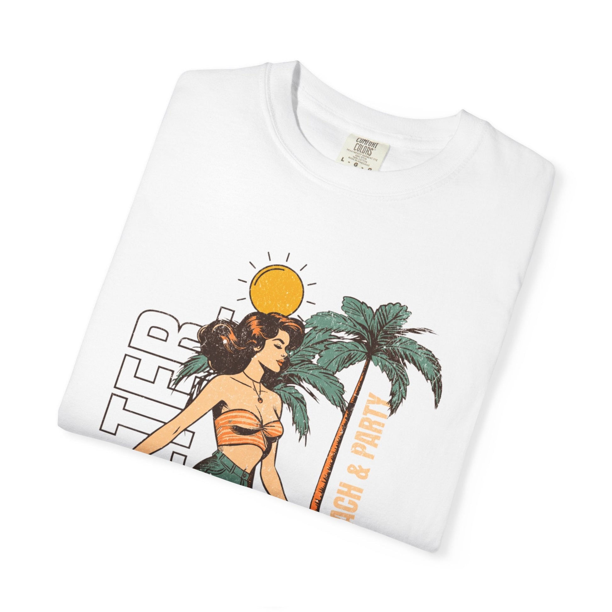 Vintage beach scene unisex t-shirt with woman graphic and palm trees