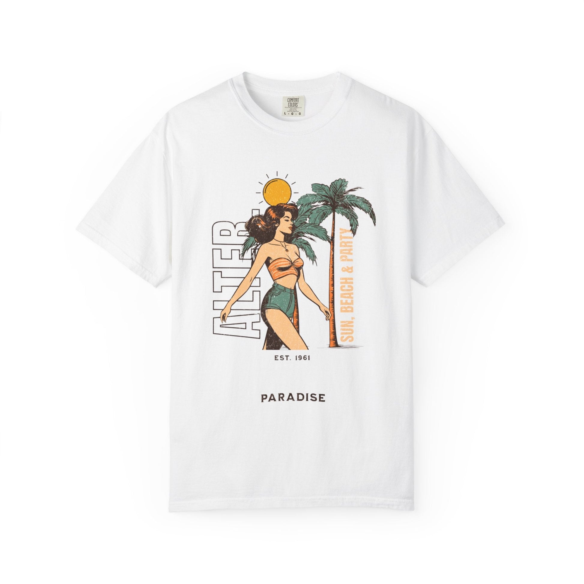 Vintage beach scene unisex t-shirt with woman graphic and palm trees