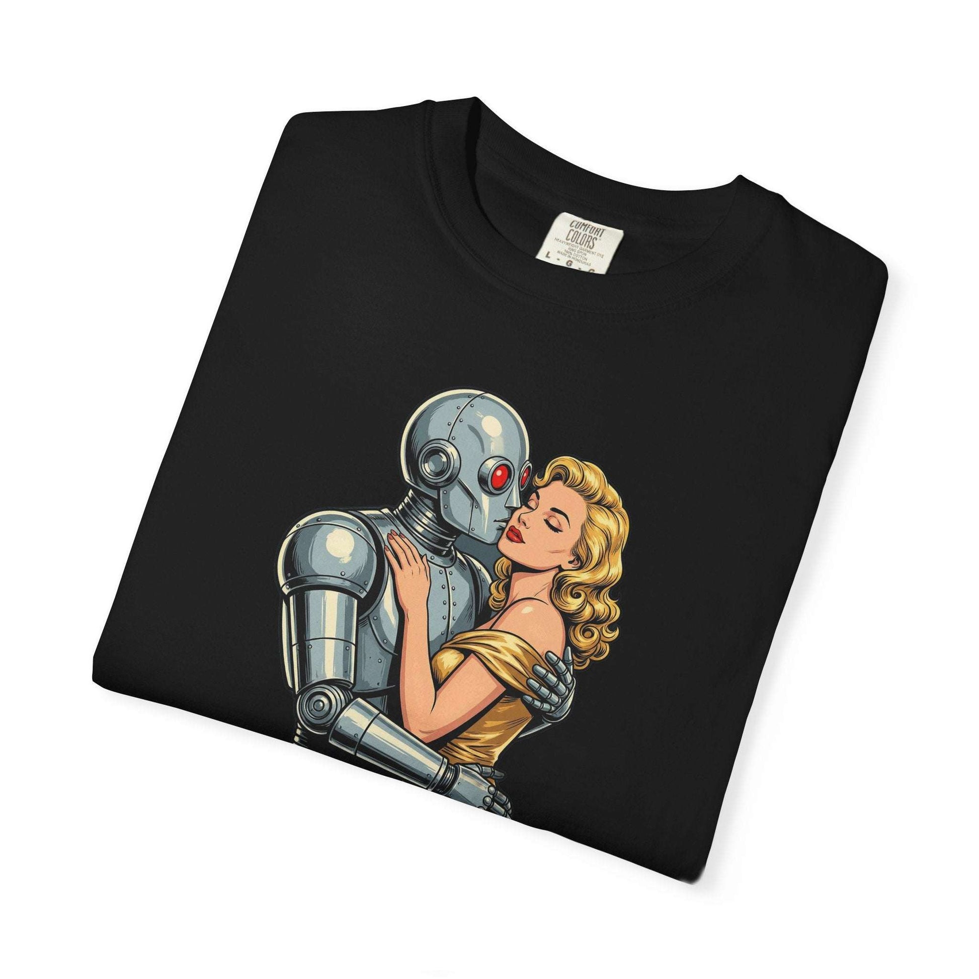 Chrome Romance Robot Kissing Woman T-Shir
