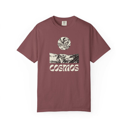Cosmos T-shirt with galaxy design featuring Earth and celestial elements on soft cotton fabric
