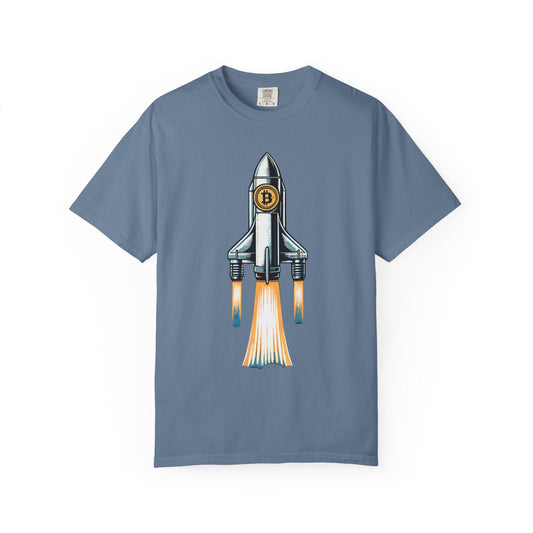 Blue unisex T-shirt with cartoon rocket featuring Bitcoin logo and flames, casual graphic tee