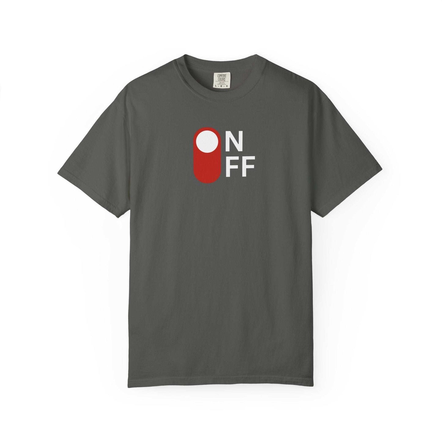 Unisex Switch button T-shirt with bold "on" graphic and comfortable cotton fabric
