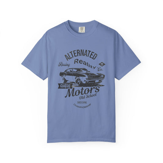 Blue Vintage Racing Classic car graphic T-shirt with "Alternated Reality - Classic Motors" text in retro style