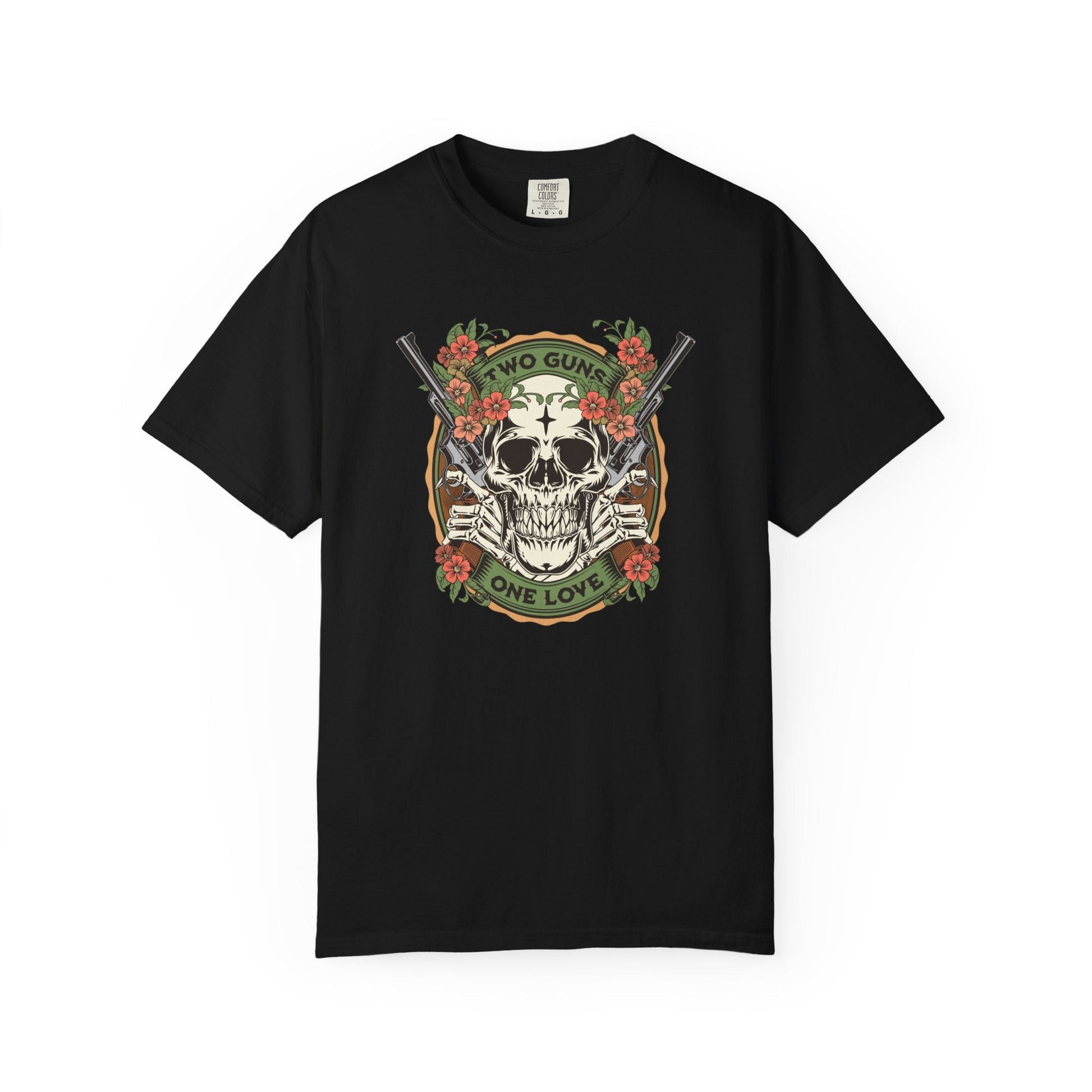 Two Guns One Love T-Shirt  showing Guns & Flowers