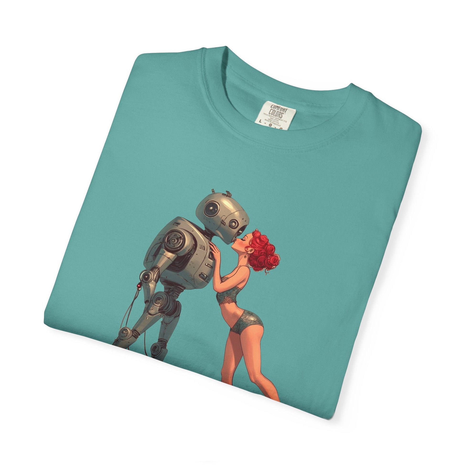 A Robot’s Love T-shirt – Beautiful Woman Kissing a Robot