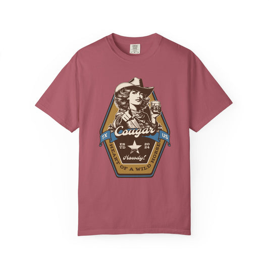 Retro Billie Buccaneer cowgirl illustration with Cougar beer text on blue vintage T-shirt for men