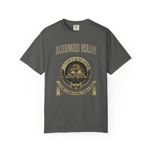 Charcoal gray illuminati t-shirt with gold all-seeing eye emblem and "Alternated Reality" text, unisex garment-dyed cotton.