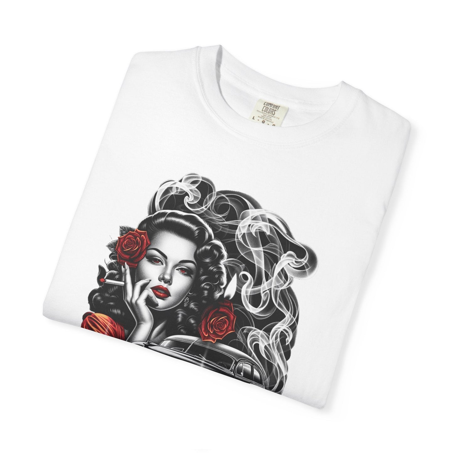 Vintage smoking girl t-shirt – Unique rose & car design