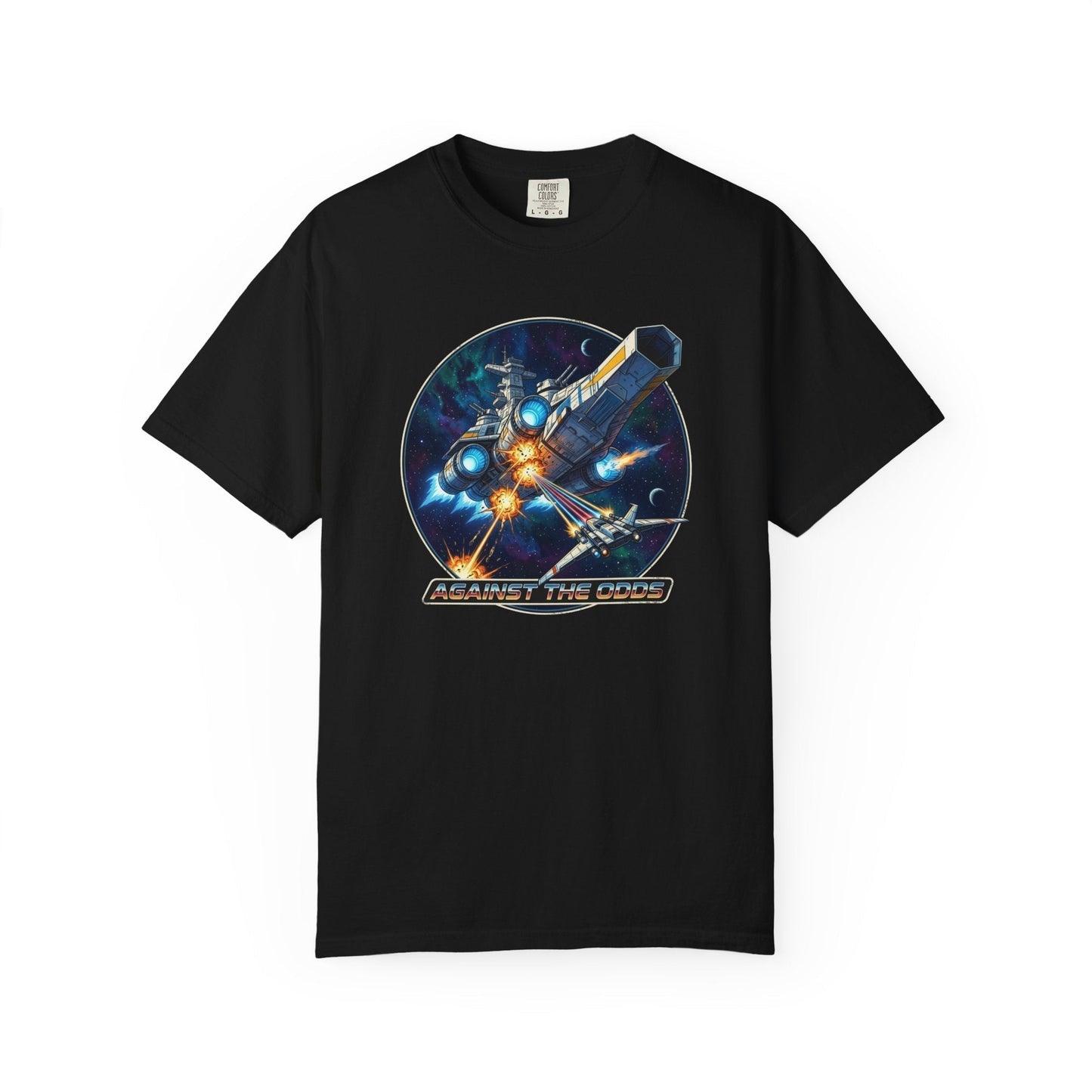 Against the Odds Spaceship Attack T-shirt symbolizing heroic perseverance and resilience
