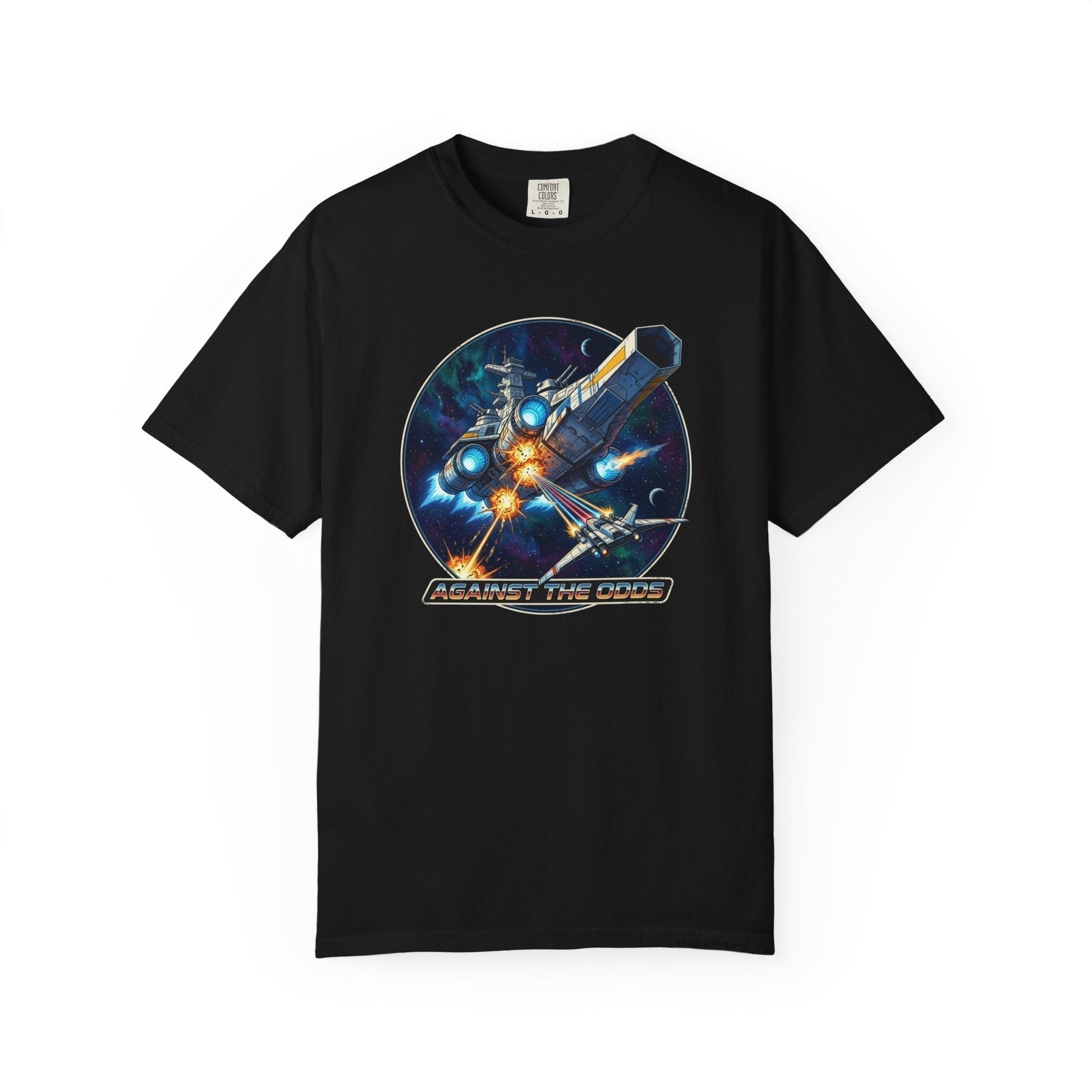 Against the Odds Spaceship Attack T-shirt symbolizing heroic perseverance and resilience
