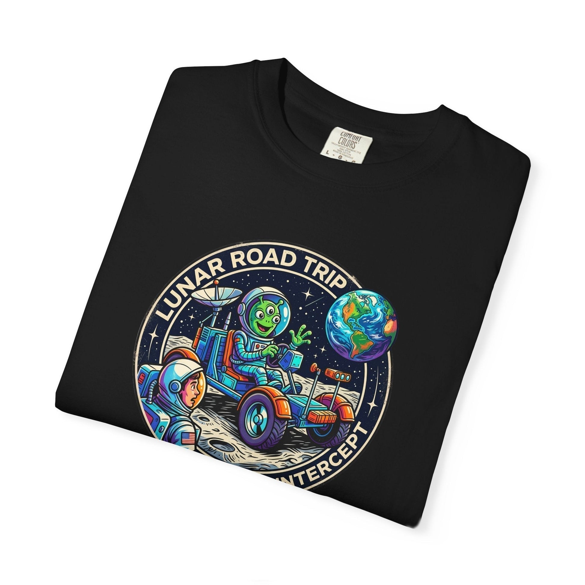Lunar road trip - Alien Driving Buggy on the Moon - Fun Space T-Shirt.