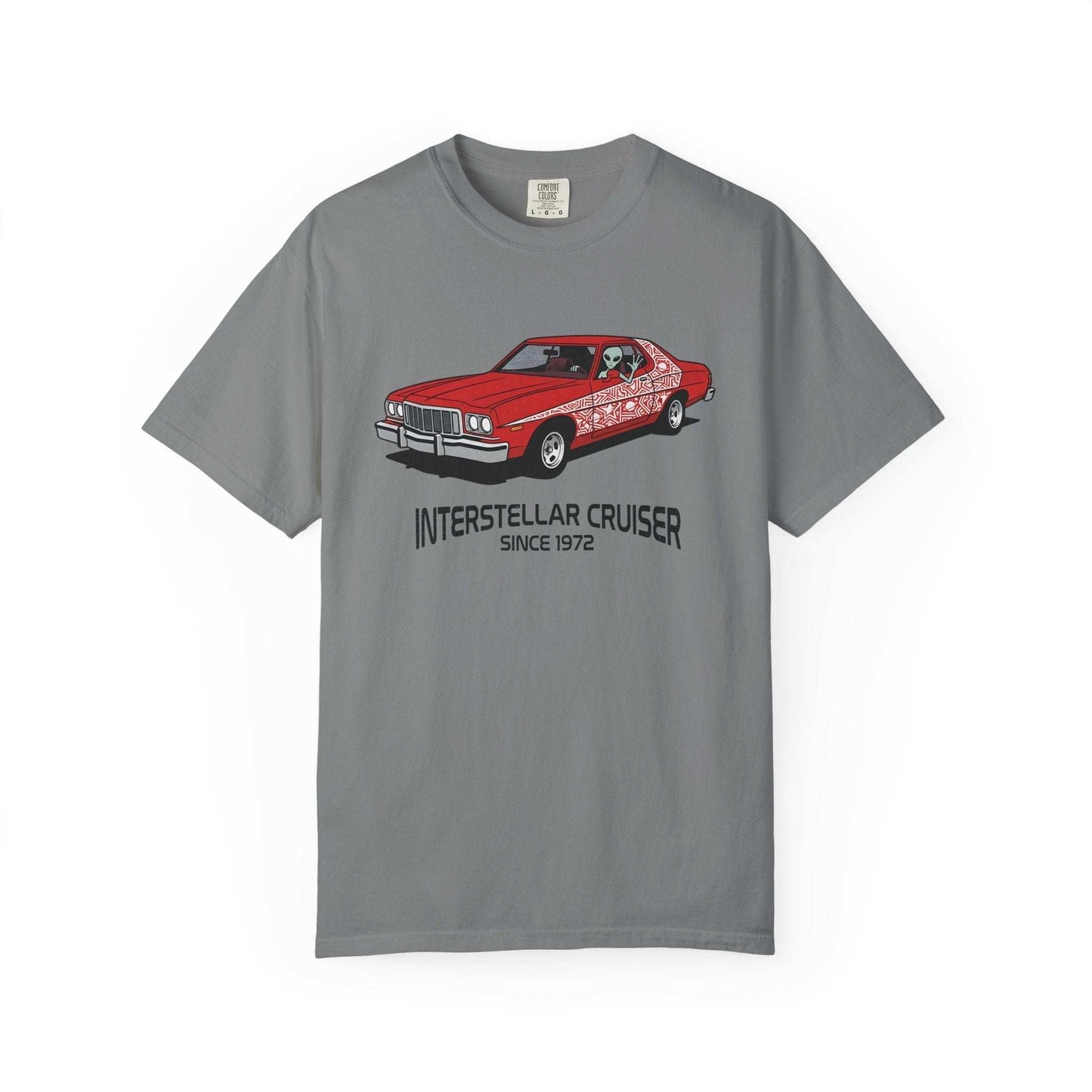 Alien waving from a retro car with a quirky sci-fi vintage style design