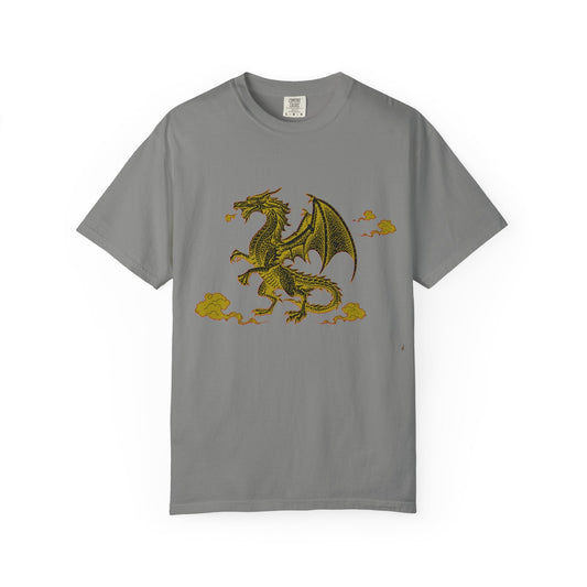 Gray unisex T-shirt with detailed golden yellow flying dragon illustration and cloud accents on front