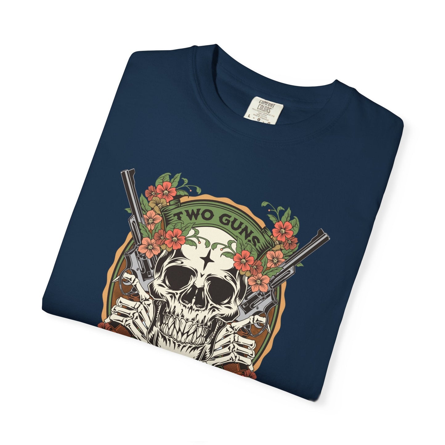 Two Guns One Love T-Shirt  showing Guns & Flowers