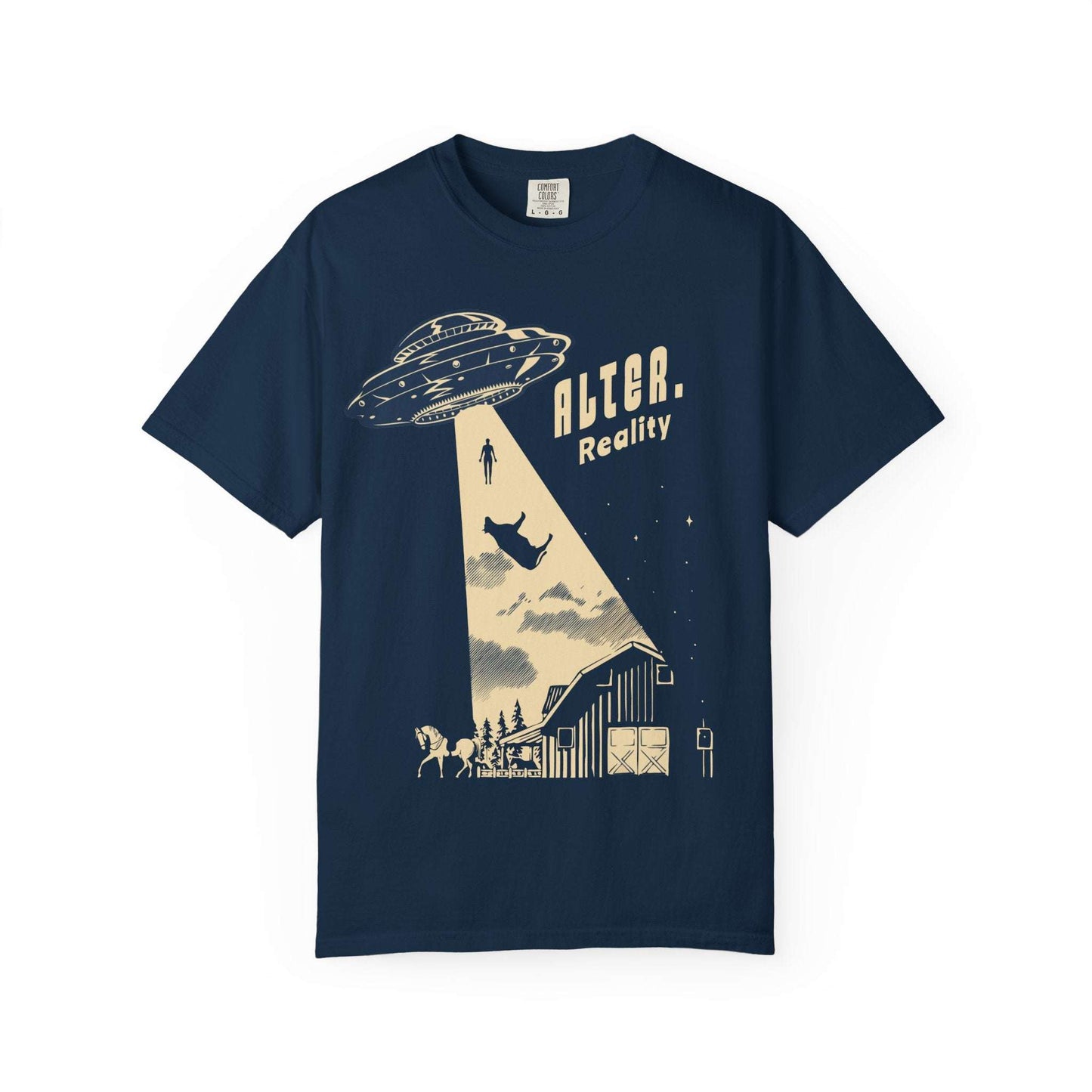 Vintage UFO abduction t-shirt with flying saucer and alien abduction design