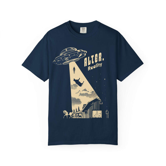 Vintage UFO abduction t-shirt with flying saucer and alien abduction design