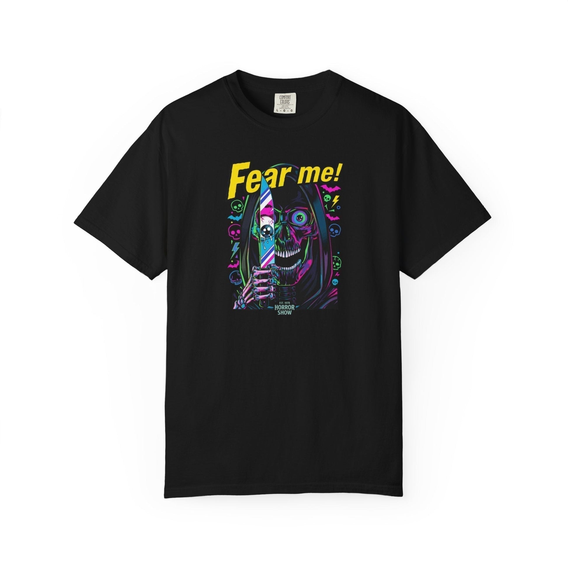 Horror movie collection with posters, costumes, and merchandise for scary movie nights