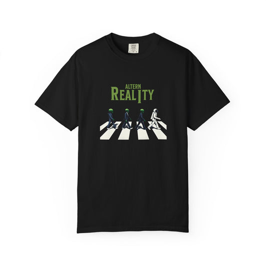 Black unisex T-shirt with Beatles' Abbey Road-inspired graphic featuring four figures in green helmets and a spaceman crossing a zebra crossing with "Alter Reality" text above.