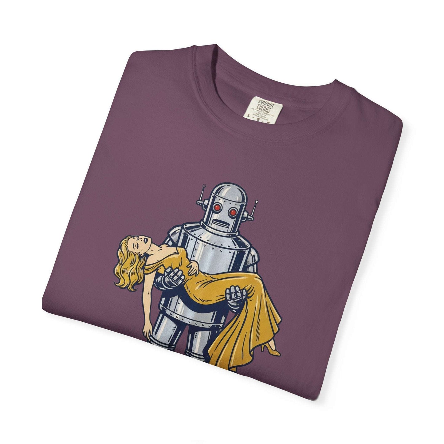 Chrome and Satin  – Futuristic Robot Embracing Beauty Sci-Fi Tee
