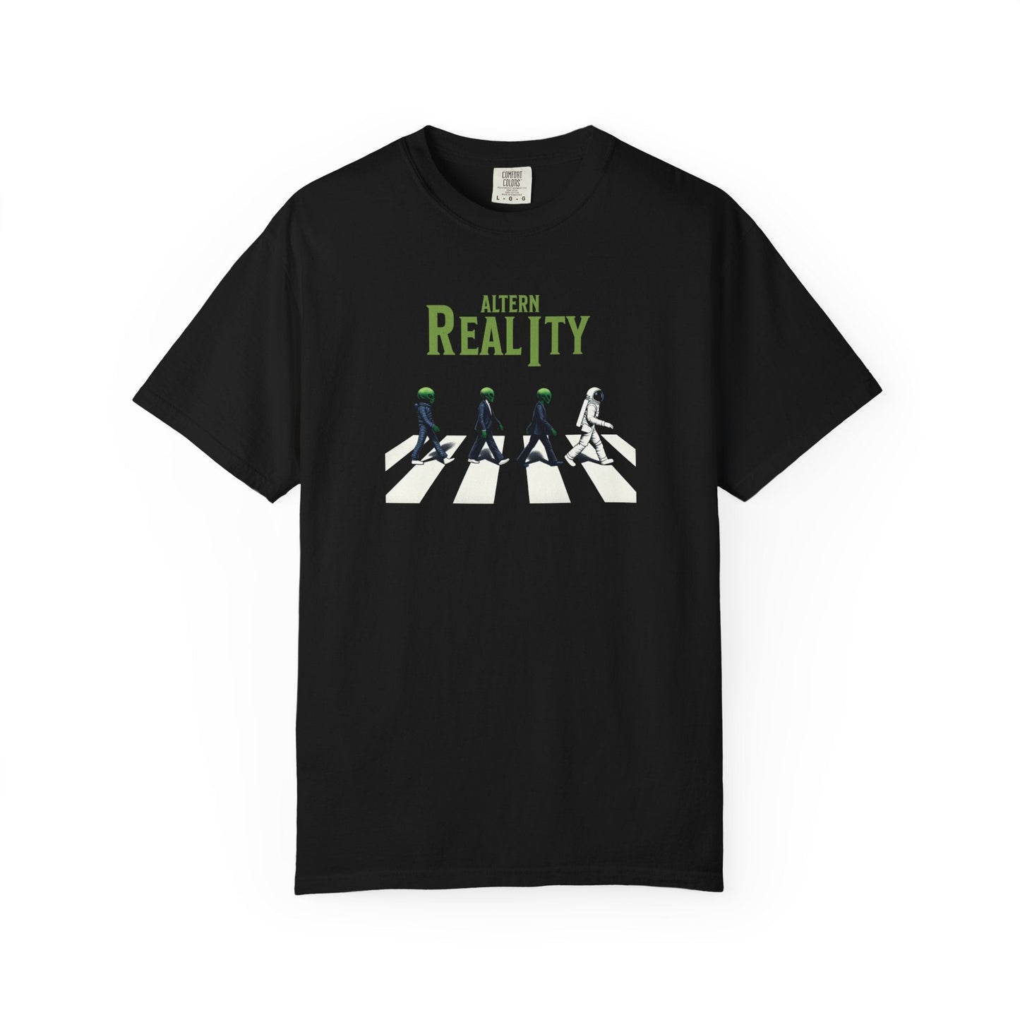 Abbey Road Aliens T-shirt featuring alien musicians crossing a road inspired by the Beatles album cover