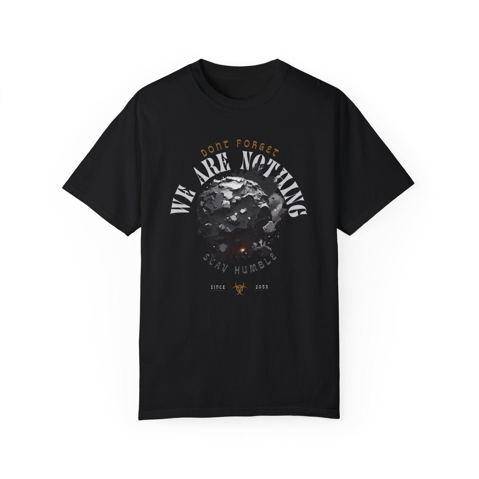 Graphic Tee with "We Are Nothing" meteorite design on black fabric.