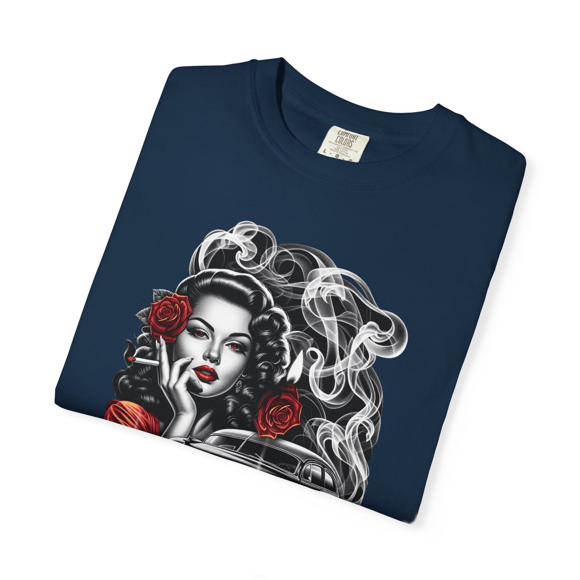 Vintage smoking girl t-shirt – Unique rose & car design