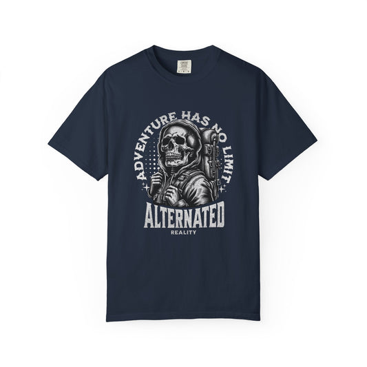 Black t-shirt with skull grim reaper holding dagger and "Adventure Has No Limit" text design