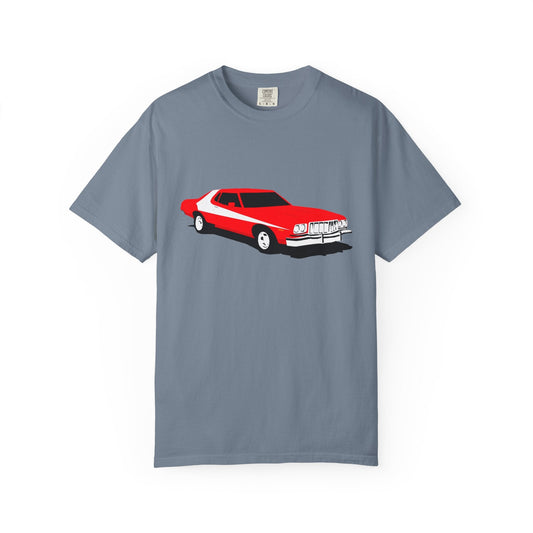 Gray Comfort Colors t-shirt with red Grand Torino car graphic representing the classic grand torino car design