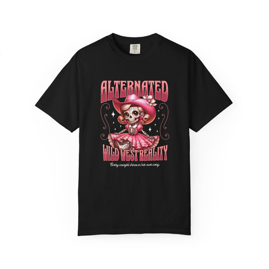 Black cowgirl skull t-shirt with pink cartoon skull and "Exaggerated Wild West Reality" text